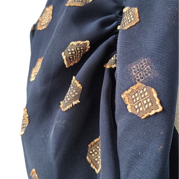 Shoshanna Dane Dress Womens Size 2 Long Puff Sleeve Semi-Sheer Black Navy Gold - Picture 15 of 15